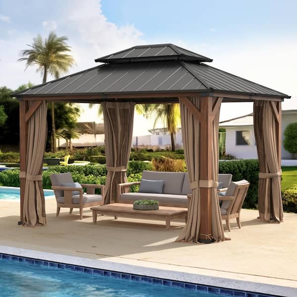 10 ft. x 12 ft. Brown Wood Grain Aluminum Hardtop Pavilion Gazebo Galvanized Steel Double Roof With Curtains Netting