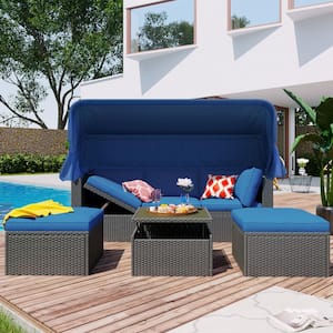 Gray 4-Piece Wicker Outdoor Sectional Set with Blue Cushions