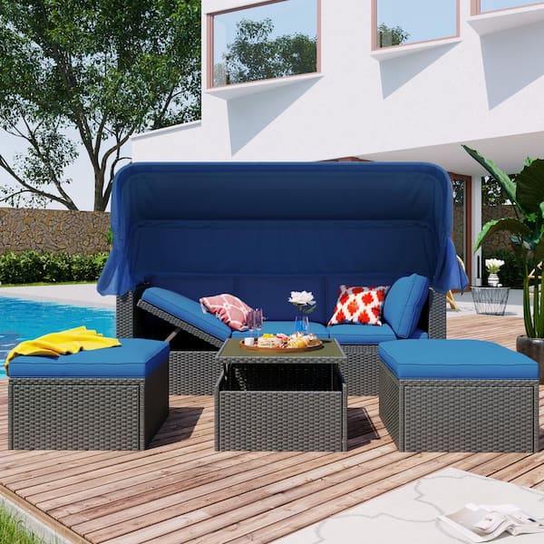 Harper & Bright Designs Gray 4-Piece Wicker Outdoor Sectional Set with Blue Cushions