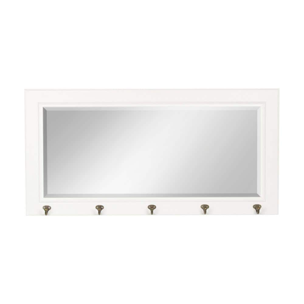 Classic Beveled Pub Mirror with White Frame and Metal Hooks 36"x18"