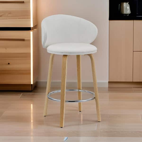 Benjara 26 in. White and Brown Low Back Wood Frame Bar Stool with Faux Leather Seat (Set of 2)