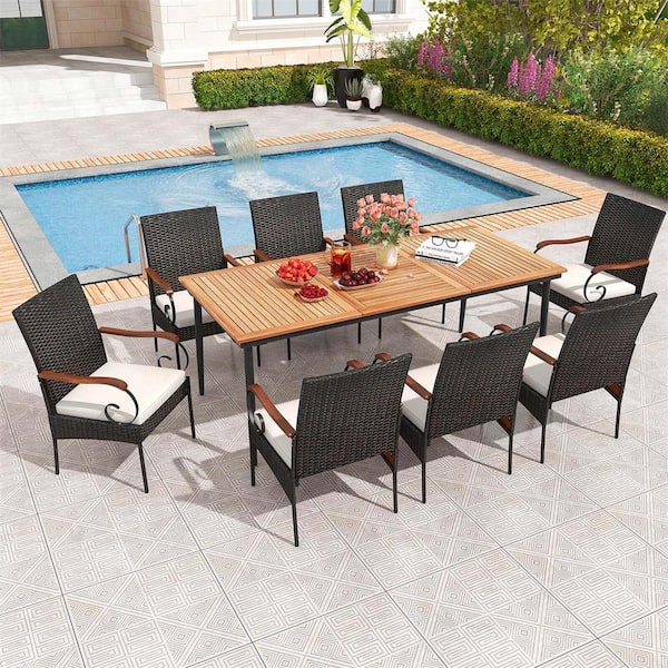 Costway Brown 9-Piece Wicker Rectangular Outdoor Dining Set with Off-White Cushions