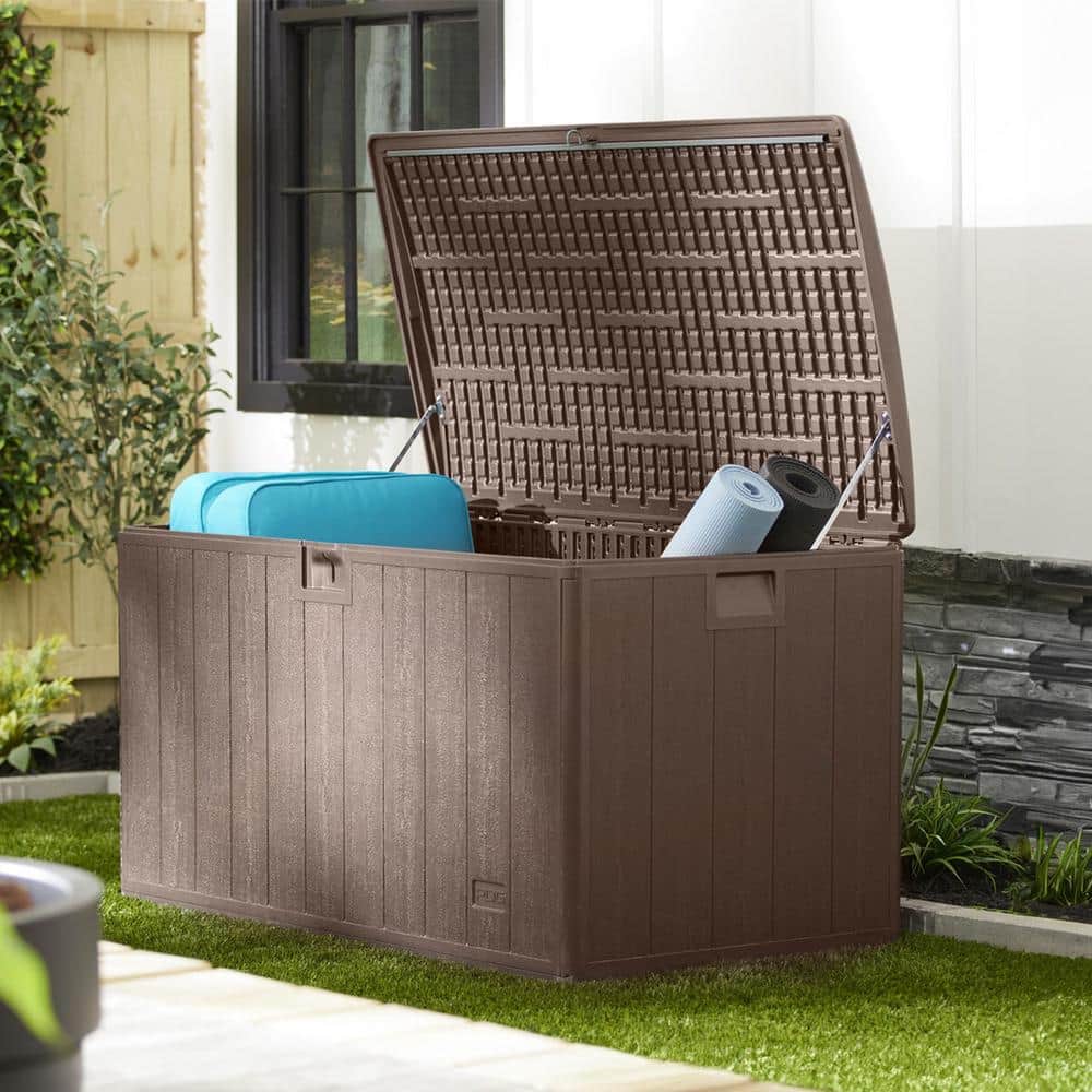 Java Brown 130 Gallon Lockable Resin Wicker Deck Box