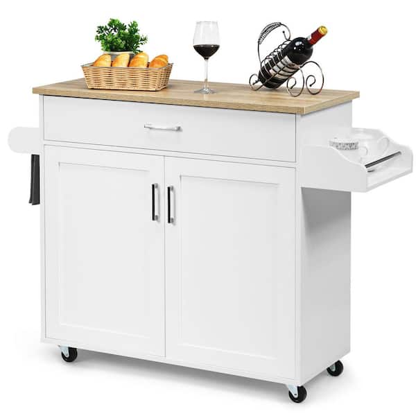 Costway Rolling Kitchen White Island Cart Storage Cabinet with Towel and Spice Rack