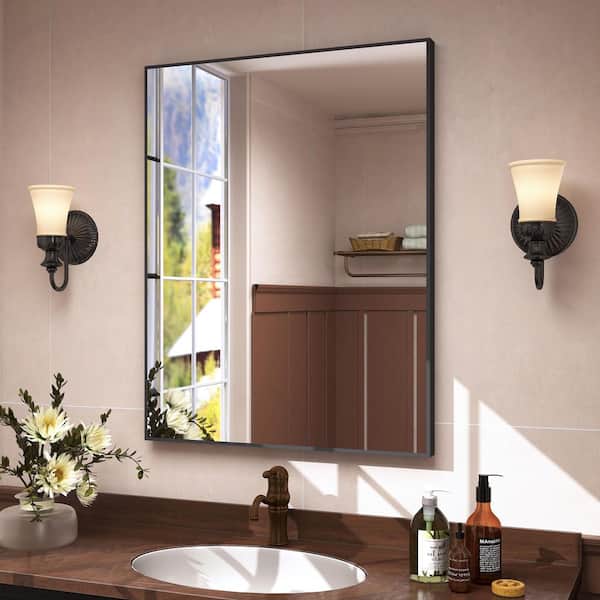 28 in. W x 36 in. H Aluminum Framed Rectangular Vanity Wall Mounted Mirror in Matte Black