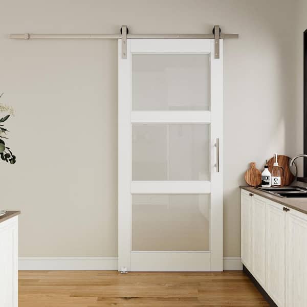 36 in. x 80 in. 3-Lite Frosted Glass White Primed MDF Sliding Barn Door with Hardware Kit Nickel Plated