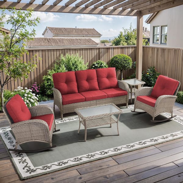 PlainCurve 5-Piece Gray Wicker Patio Conversation Set with Rocking Chairs and  Olefin Red Cushions