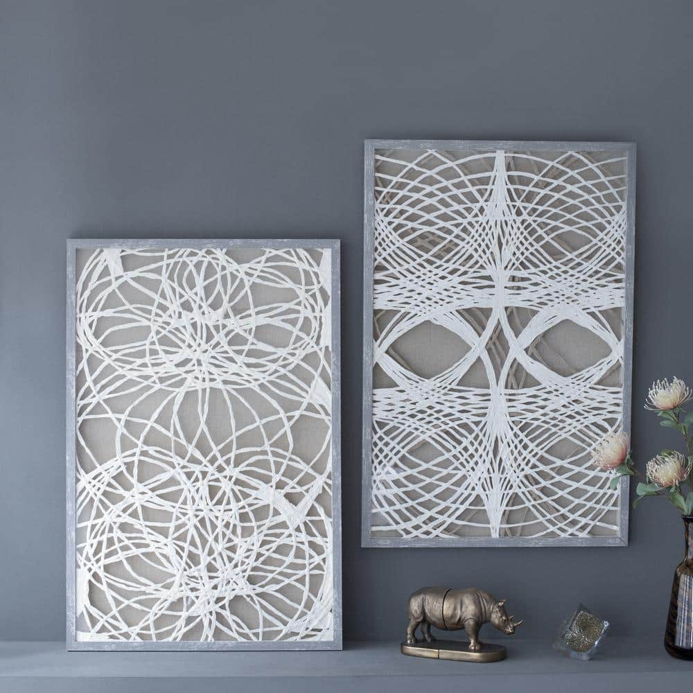 35.5 in. x 23.5 in. White Gray Paper Leaf Shadow Box Wall Decor Set of 2 fo