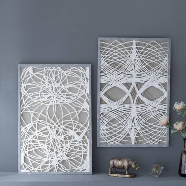 Unbranded 35.5 in. x 23.5 in. White Gray Paper Leaf Shadow Box Wall Decor Set of 2 for Living Room, Dining Room, Entryway