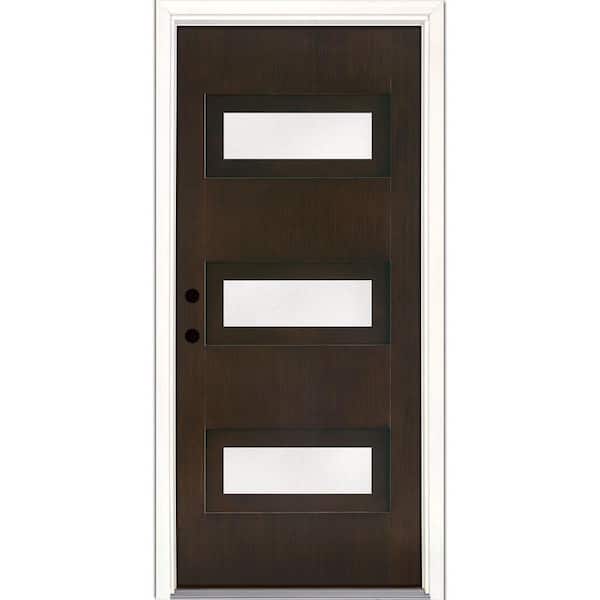 Feather River Doors 3-Lite 36 in. x 80 in. Right Hand Inswing Modern Frosted Teak Stained Cocoa Fiberglass Prehung Front Door