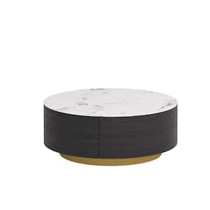 33 in. Black Round Marble Top Coffee Table with Storage