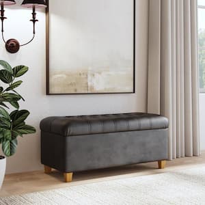 Ainsley Button Tufted Black Faux Leather 18 in. Bedroom Bench Backless with Storage