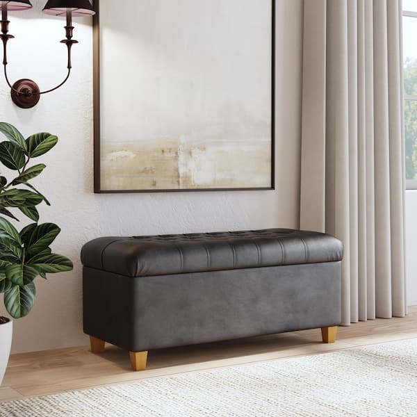 Homepop Ainsley Button Tufted Black Faux Leather 18 in. Bedroom Bench Backless with Storage