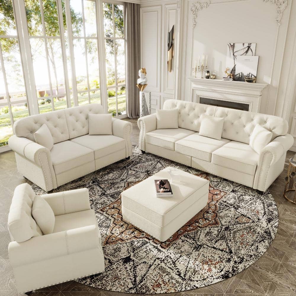 Beige 4-Piece Velvet Upholstered Tufted Sofa Set with Ottoman, Nailhead Trim and Pillows