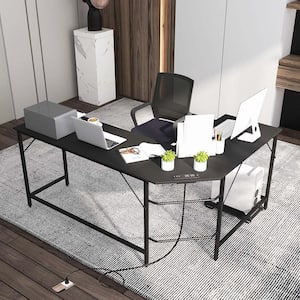 49.5 in. L-shaped Wood Black Gaming Desk Computer Desk with CPU Stand Power Outlets