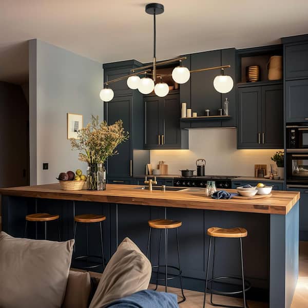 Transitional 6-Light Brass Linear Integrated LED Island Pendant Light, Globe Frosted Glass Chandelier for Dining Room