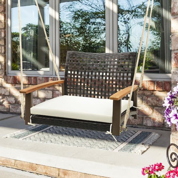 Gymax Rattan Porch Swing Patio Wicker Single Hanging Seat with