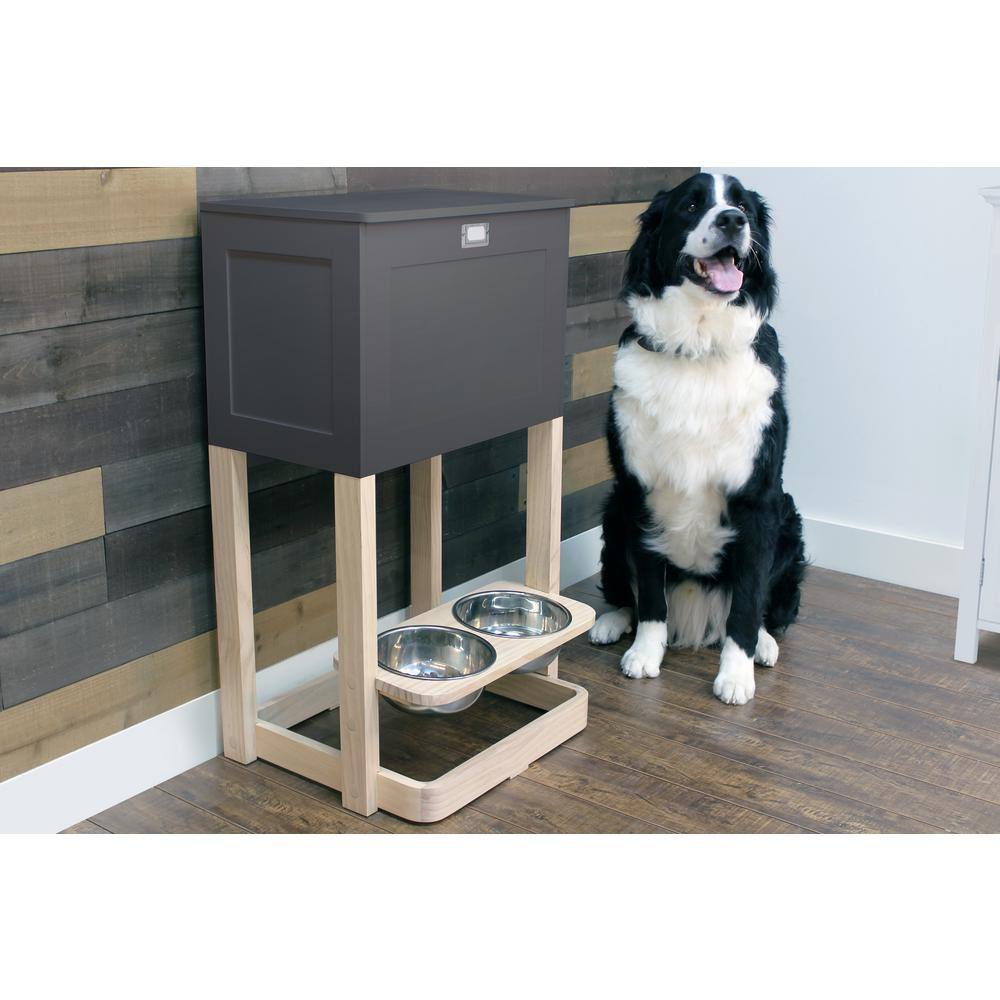 Gray Elevated Pet Feeding Station with Storage and Hooks