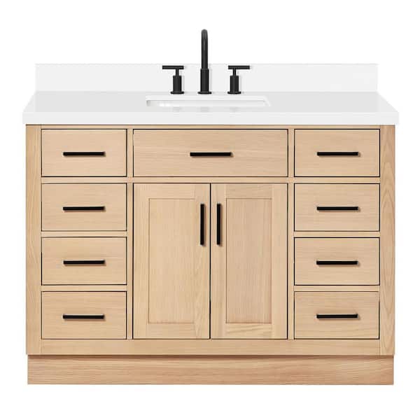 Hepburn 48 in. Single Sink Freestanding Bathroom Vanity in Oak with Pure White Quartz Top