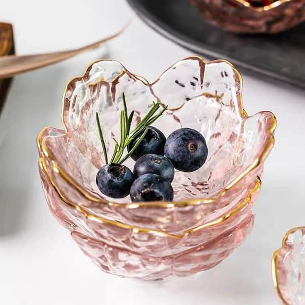 3.2 in. Pink Cherry Flower Crystal Glass Appetizer Plates Chip & Dip Servers Bowls with Gold Rim (4-Pack)