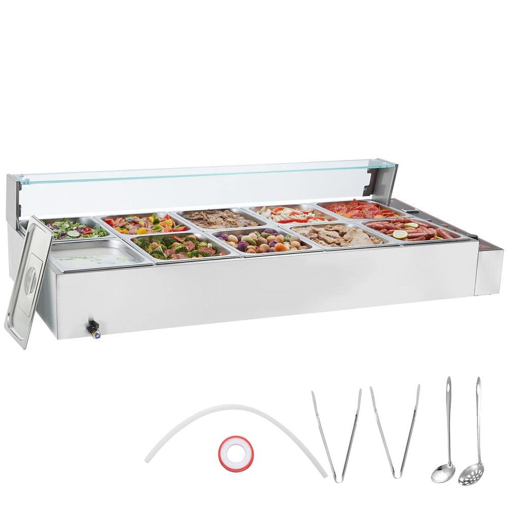 10-Pan Commercial Food Warmer,10x8QT Electric Steam Table with Glass Cover,3200W Countertop Stainless Steel Buffet Bain