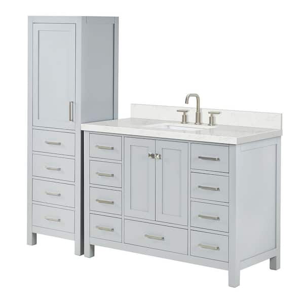 Cambridge 48 in. Single Sink Bath Vanity with Carrara White Quartz Top and Linen Cabinet in Gray
