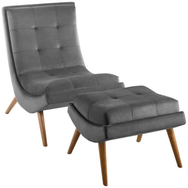 MODWAY Ramp Gray Upholstered Performance Velvet Lounge Chair and Ottoman Set