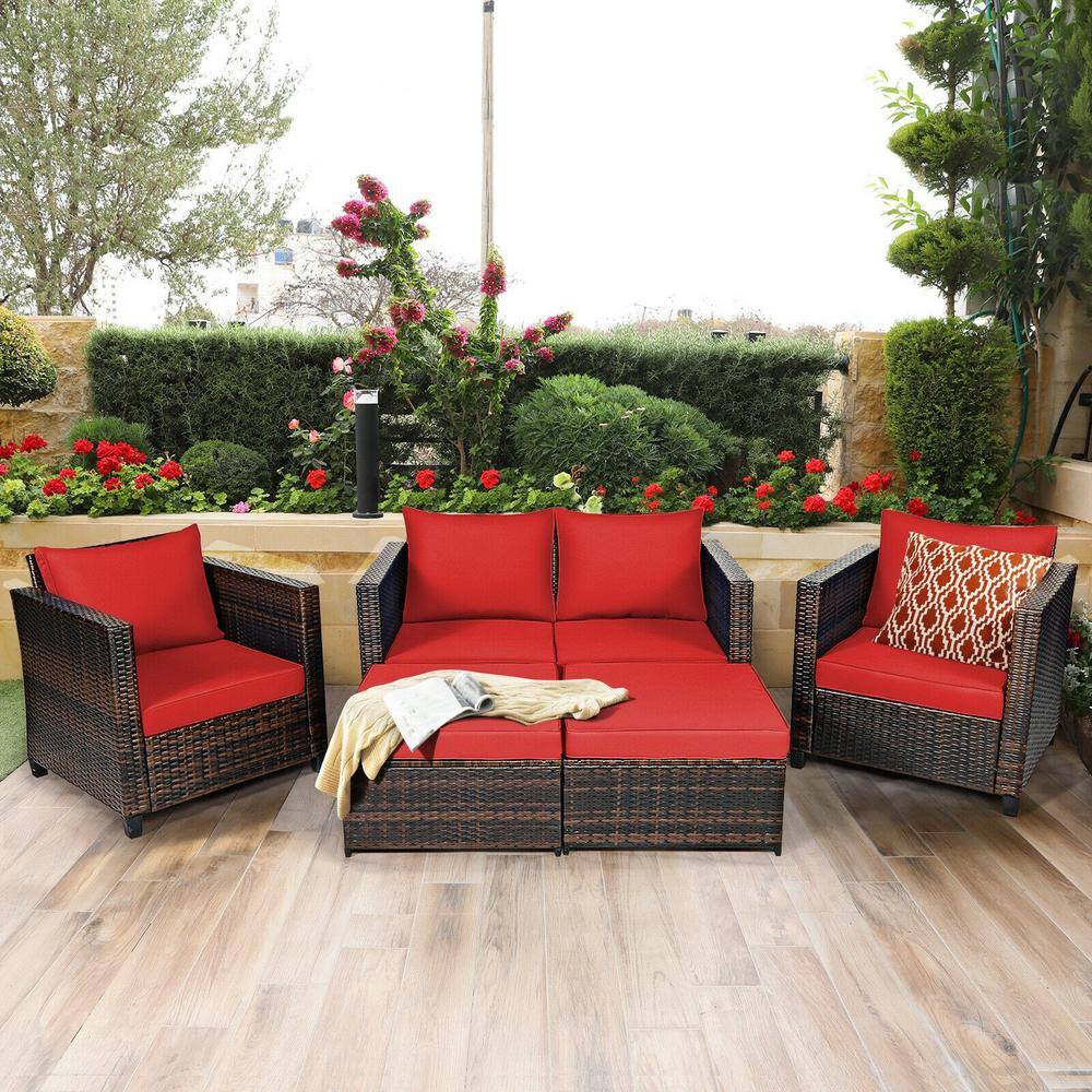 5-Piece Red Cushioned Rattan Patio Furniture Set with Ottoman