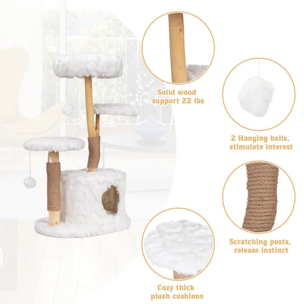 Natural Branch and White Plush 42" Cat Tree Tower with Scratching Posts