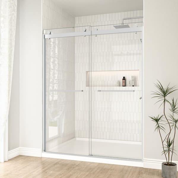 60 in. W x 74 in. H Double Sliding Semi-Frameless Shower Door in Chrome with 5/16 " Explosion-Proof Tempered Clear Glass