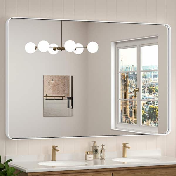 55 in. W x 36 in. H Modern Rectangular Aluminum Framed Wall Bathroom Vanity Mirror in White