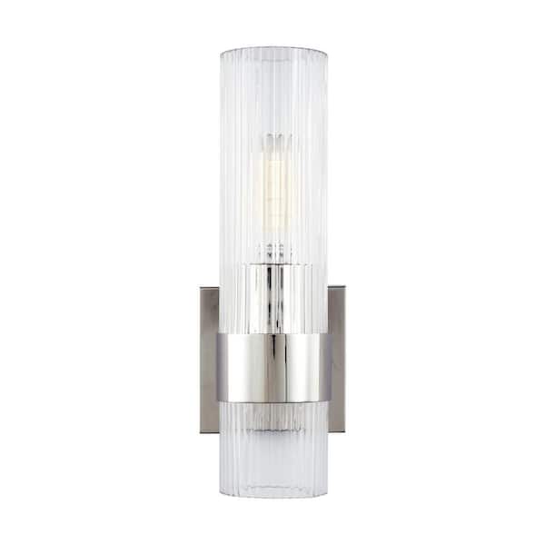 Generation Lighting Geneva 4.5 in. W x 12.625 in. H 1-Light Polished Nickel Mid-Century Modern Wall Sconce with Clear Fluted Glass Shade