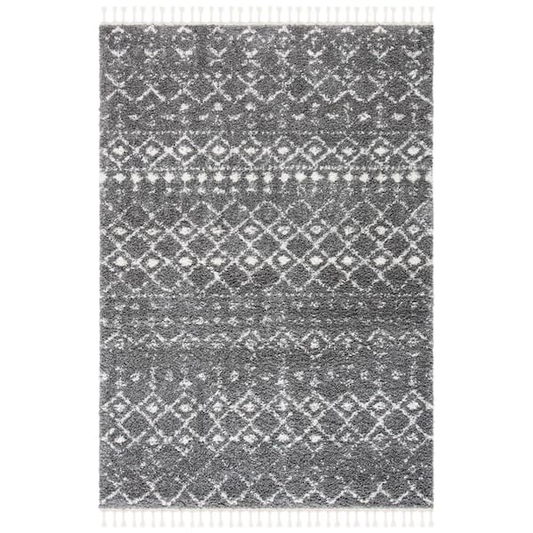 SAFAVIEH Berber Fringe Shag Gray/Ivory 7 ft. x 9 ft. Ikat Area Rug