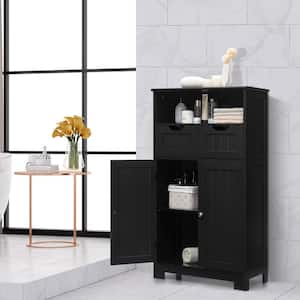 Black Wooden Floor Storage Cabinet For Livingroom Bathroom Office w/Open Shelf, 2 Doors and 2 Drawers