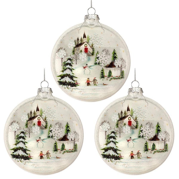5.5 in. Glass Disk Winter Scene Ornament (Set of 3)