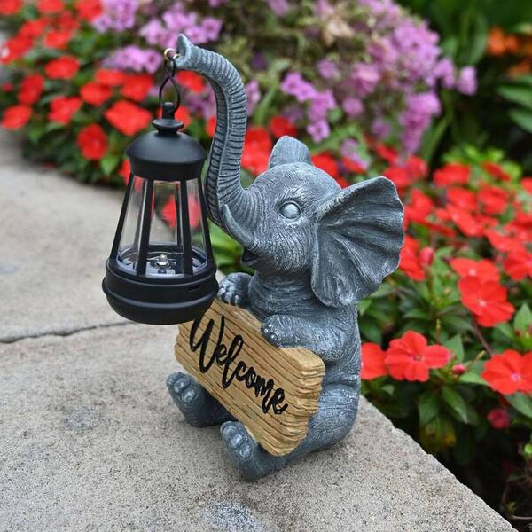 5 in. x 10 in. Gray Solar Elephant Garden Statue Lights HPDT1CN6GK