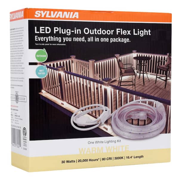16.4 ft. 30-Watt Plug-In Outdoor Flex LED Landscape Lighting Set Deck Rail Light Bright White 3000K, White 16.4 ft. 30-Watt Plug-In Outdoor Flex LED Landscape Lighting Set Deck Rail Light Bright White 3000K, White