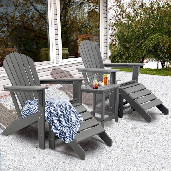 JUSKYS Classic All Weather Gray Recycled Plastic Adirondack Chair with Ottoman and Table