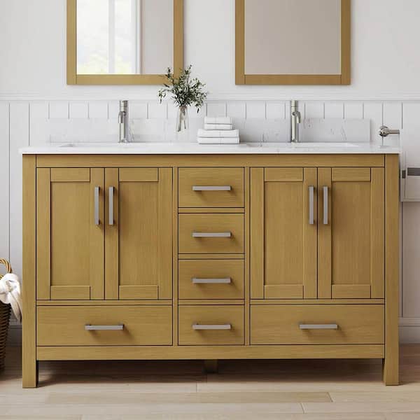 Aeterna 55 in. W Double Sinks Freestanding Bath Vanity in Desert Oak with White Carrara Cultured Marble Top