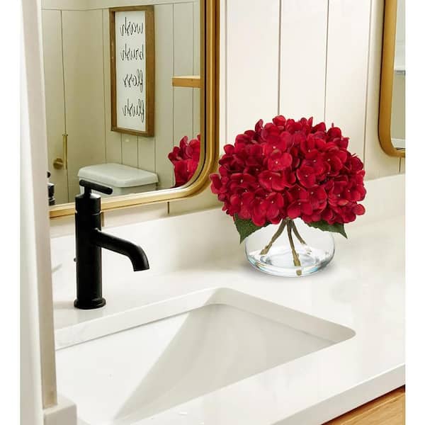 9.5 in. Red Indoor Artificial Hydrangea Flowers in Glass Vase