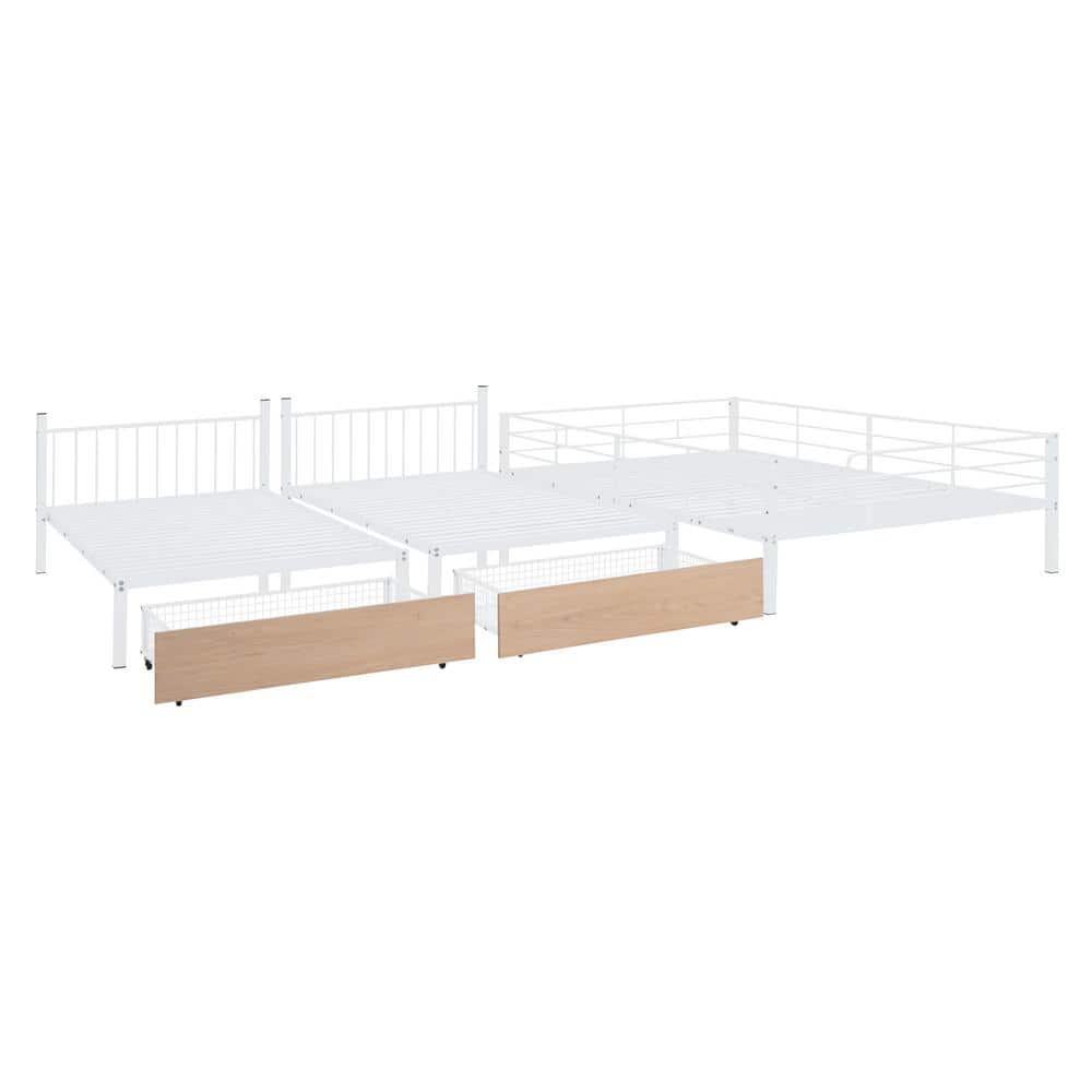 White Metal Triple Bunk Bed with Storage Drawers and Desk