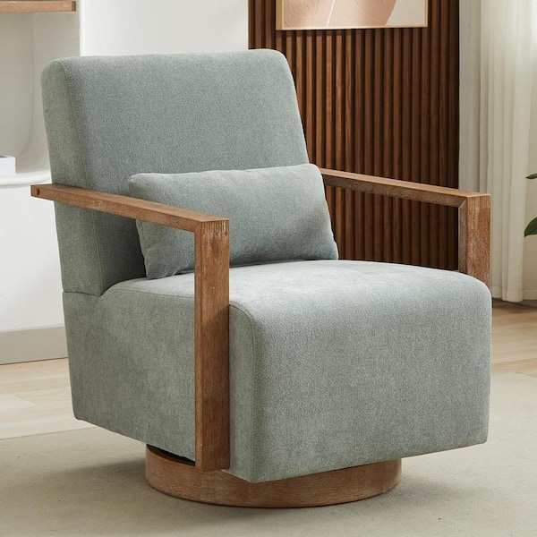 aisword 30.3 in. W Elegant 360° Upholstered Swivel Chair with Solid Wood Armrests and Weathered Base - Pale Green