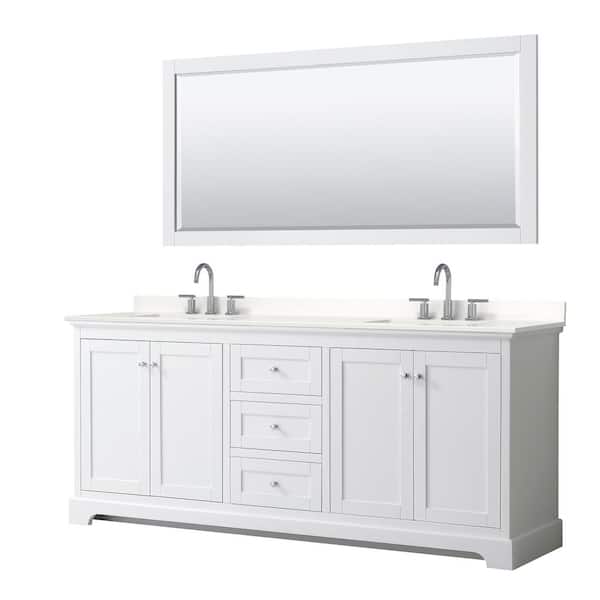 Wyndham Collection Avery 80 in. W x 22 in. D x 35 in. H Double Bath Vanity in White with White Quartz Top and 70 in. Mirror