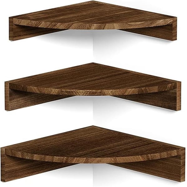 Unbranded 12 in. W x 12 in. D x 3.54 in. H Dark Brown Rustic Wood Corner Decorative Wall Shelf, (Set of 3)