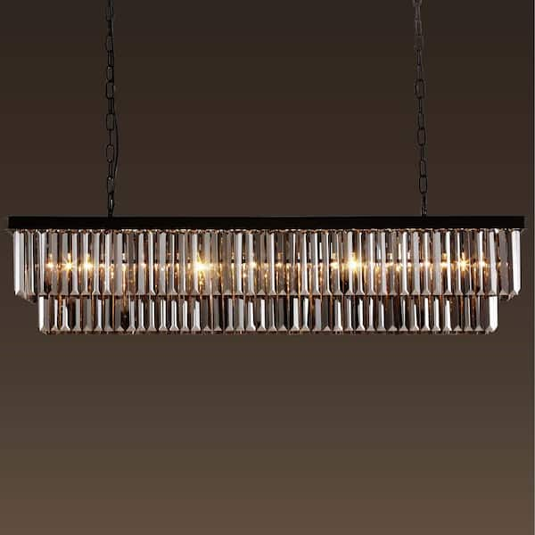 47 in. 8-Light Black and Smoke Crystal Chandelier Modern Dining Room Pendant Lighting