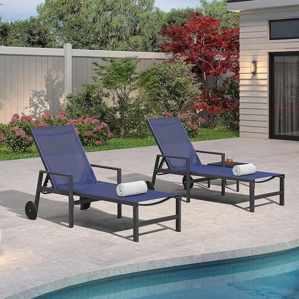 PURPLE LEAF 3-Pieces Aluminum Outdoor Chaise Lounge Chair with Wheels and Armrests Recliner Chair for Pool Backyard Beach, Navy Blue