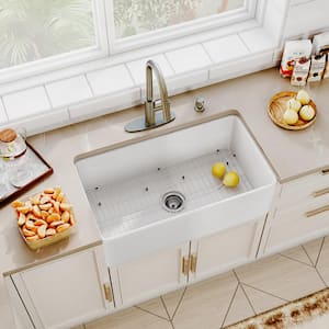 White Fireclay 30 in. Single Bowl Farmhouse Apron Kitchen Sink with Pull Down Kitchen Faucets and Accessories
