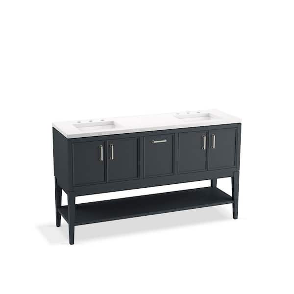 KOHLER Winnow 60in. Double Sink Freestanding Slate Grey Bath Vanity with White Quartz Top Assembled