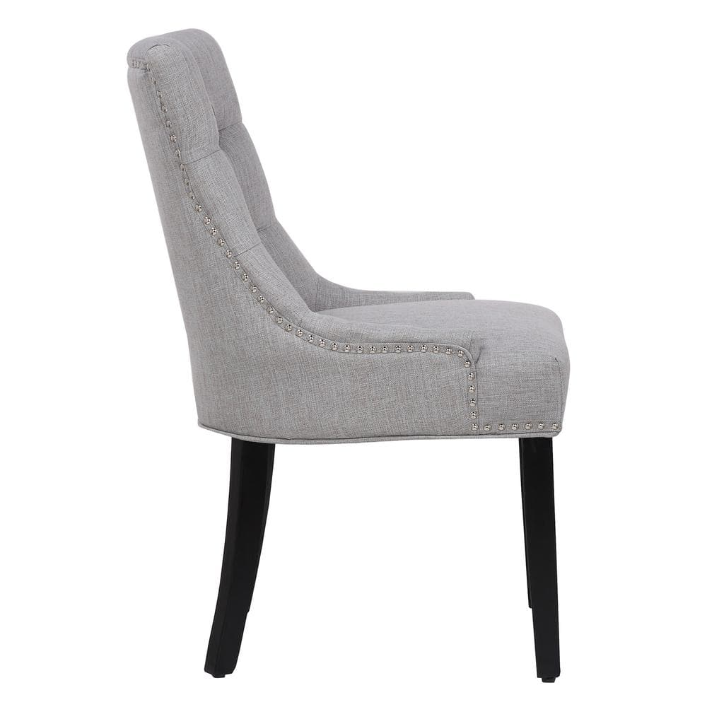 Elegant Gray Linen Upholstered High-Back Side Chair with Wood Accents