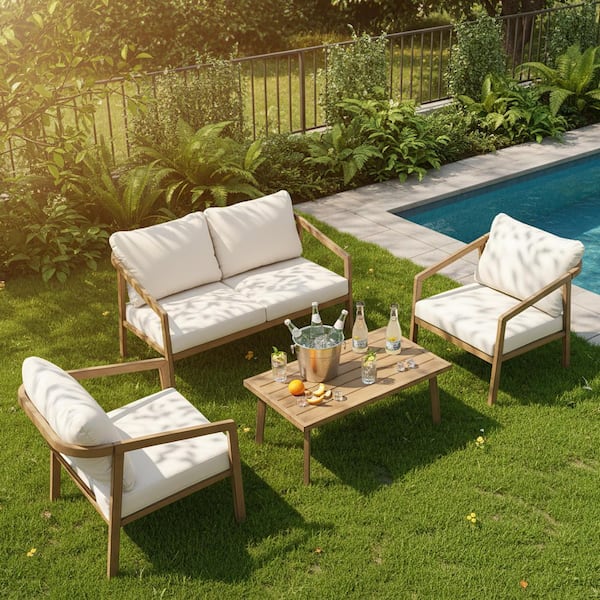 CikaCika Teak Finish 4-Piece Aluminum Patio Conversation Set with